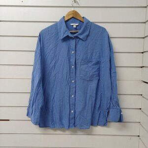 H&M Women's Shirt Blue UK XL Button-Up Linen Blend Long Sleeve Preppy Career